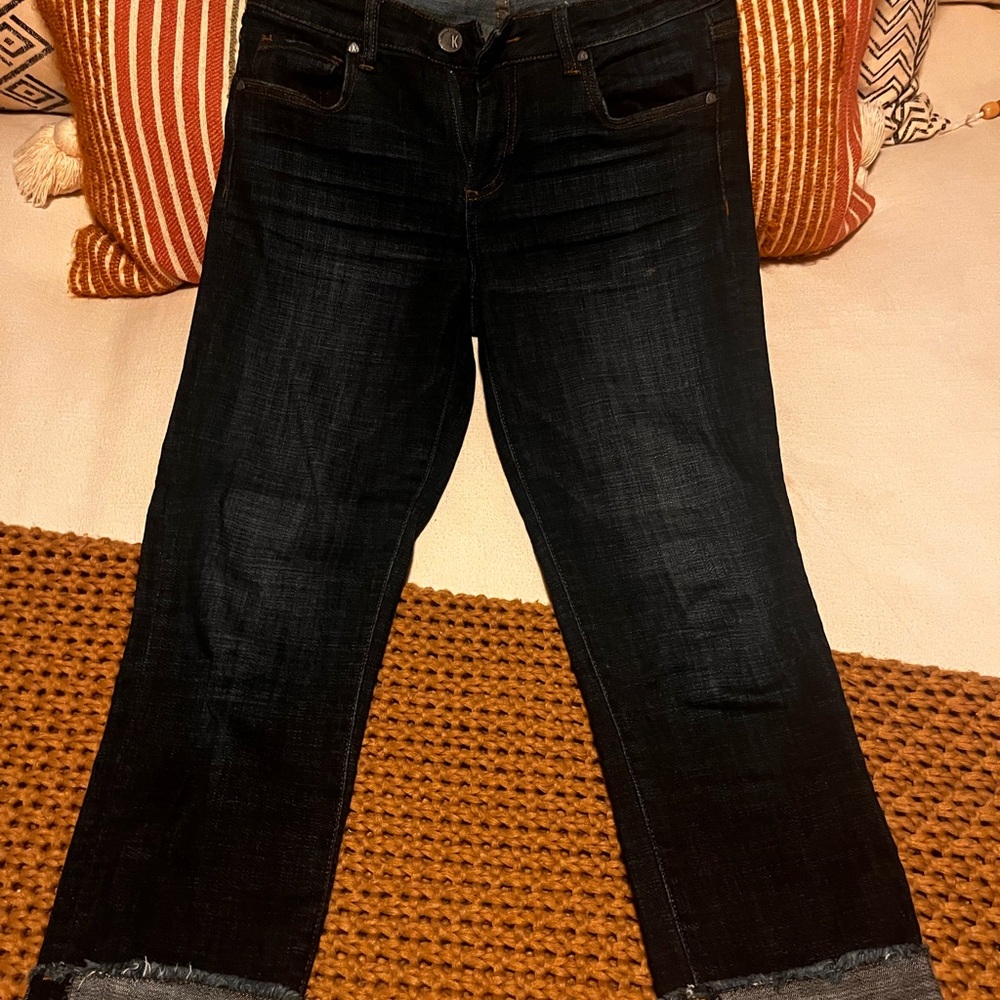 Kut from the Kloth Amy Cropped Jeans in Dark Blue with Orange Stitching